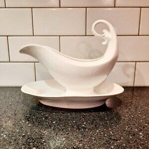 Antique Carl Tielsch White Gravy Boat with Attached Underplate